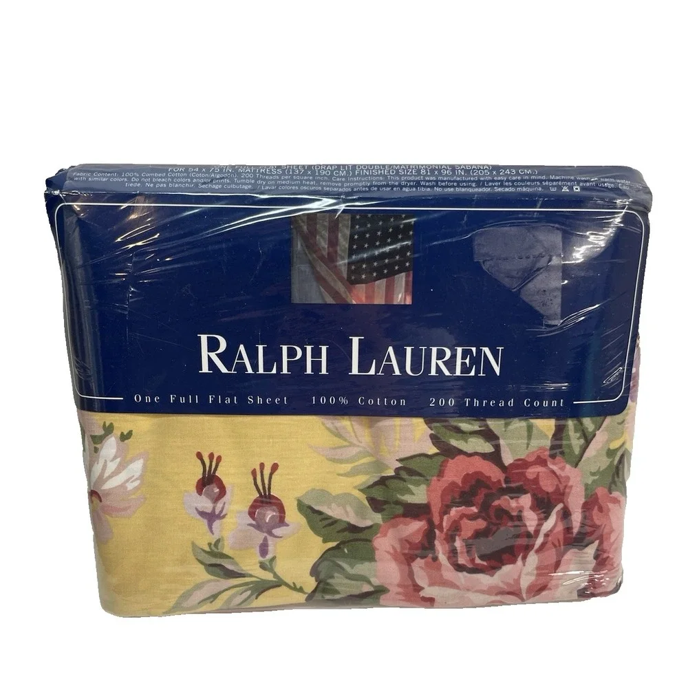 New Vtg Ralph Lauren Brooke Floral Yellow Full Flat Sheet 200 Count Cotton NIP